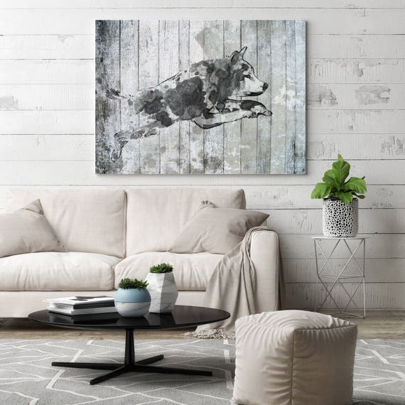 Jumping Wolf. Extra Large Wolf Canvas, Unique Wolf Wall Decor, Gray Blue Rustic Wolf Canvas Art Print up to 72" by Irena Orlov