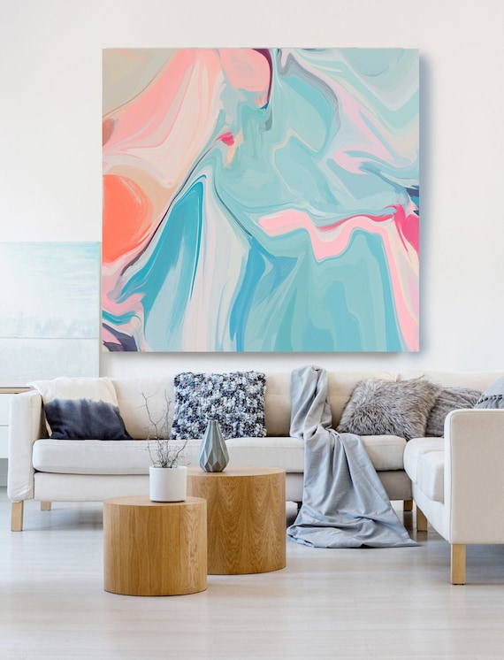 Light Blue Pink Painting on Canvas, Flow Abstract Painting, Large Art Print On Canvas, Abstract Centerpiece, Lines of Life 2