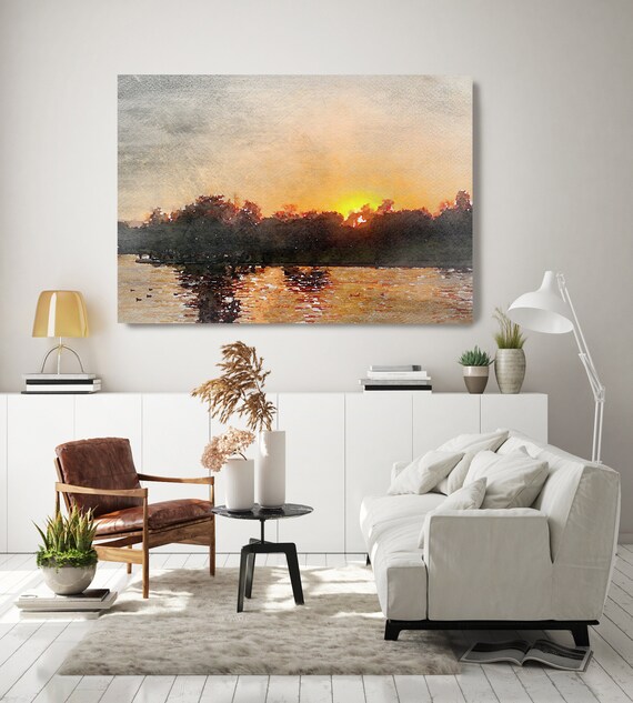 Sunset seascape art, coastal watercolor landscape painting Watercolor Canvas Art Print Sunset painting on canvas, Silence of the Nature 2