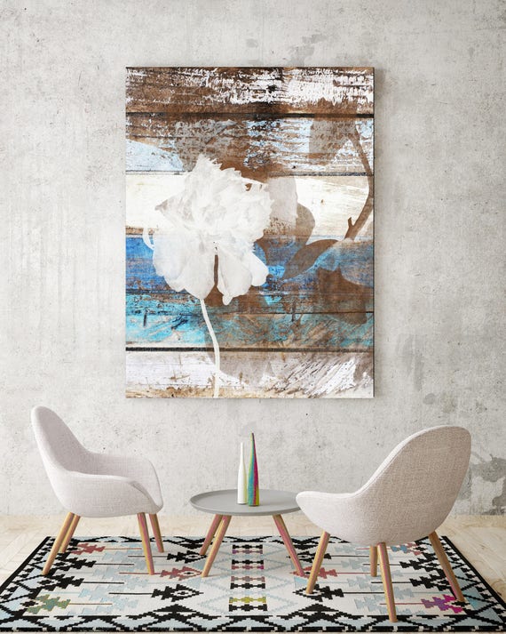 Spring Peony. Floral Painting, White Brown Abstract Art, Rustic Blue Brown Flower on Wood Planks Canvas Art Print up to 72" by Irena Orlov