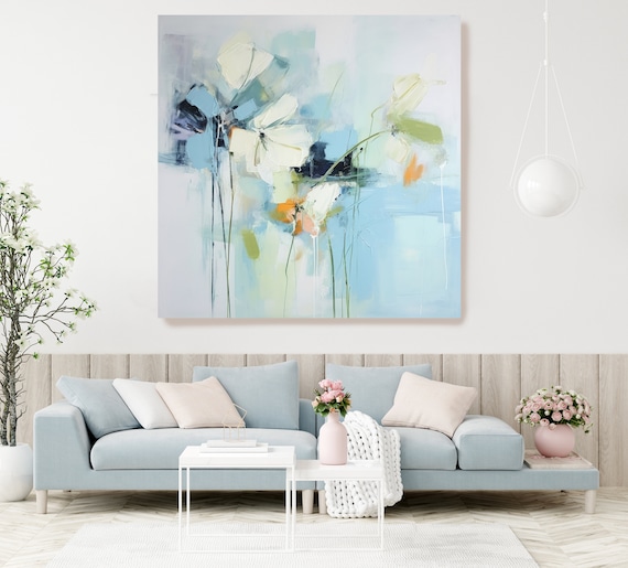 Abstract Blue White Romantic Floral Collection 6., Abstract Muted Blue Flower Painting Print On Canvas, Large Modern Floral Art Print