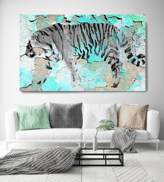 Siberian Tiger III. Extra Large White Blue Rustic Tiger Wall Canvas Art Print up to 72" by Irena Orlov, Tiger Wall Art Decor