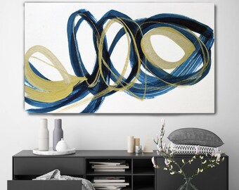 Deep Blue and Gold Circles.Modern Wall Art | Abstract Gold Blue Canvas Print | Large Wall Art | Large Abstract Canvas | Big Navy Blue Print
