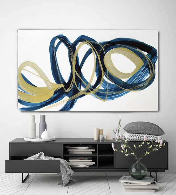 Deep Blue and Gold Circles.Modern Wall Art | Abstract Gold Blue Canvas Print | Large Wall Art | Large Abstract Canvas | Big Navy Blue Print
