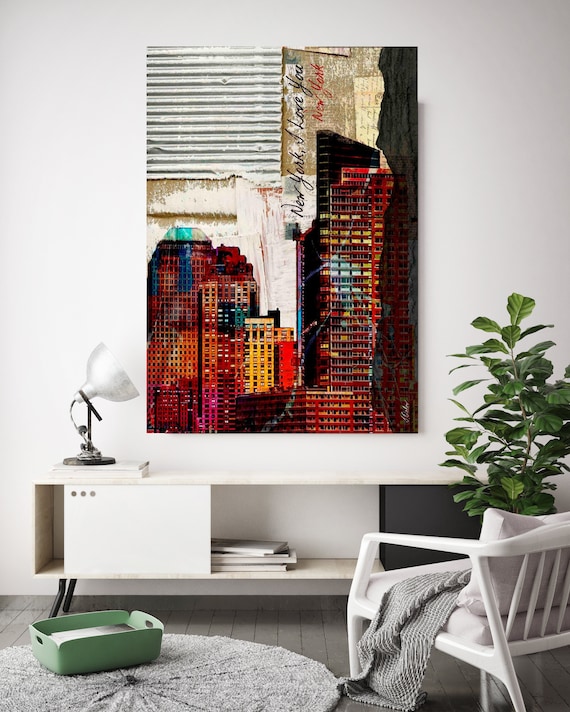 New York . New York Extra Large Canvas Art Print, New York Urban Red Rustic Canvas Print up to 72" by Irena Orlov