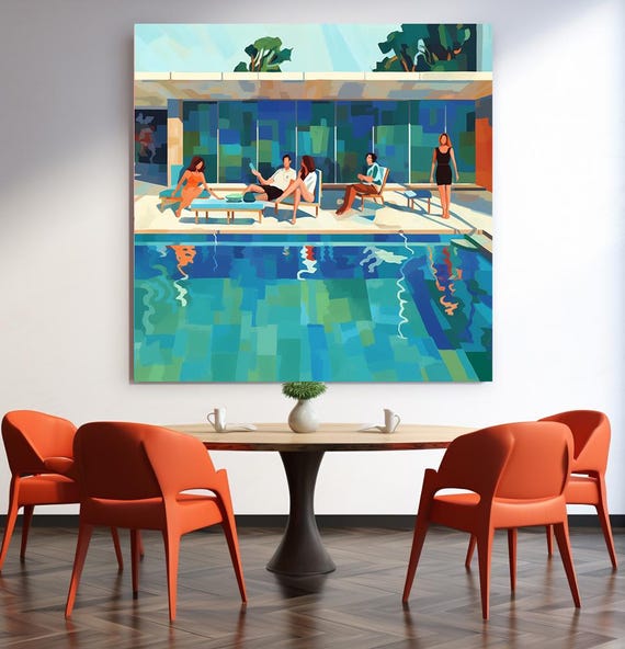 Poolside Paradise 19, Abstract Swimming Painting People in Pool, Pool Painting Expressive Canvas Print, Gift for her, Gift for Him