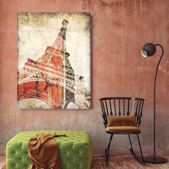 Eiffel tower Paris France. Red Rustic Eiffel Tower Canvas Art Print, Red Beige Vintage Paris extra Large Canvas Print up to 72" by Orlov