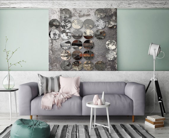 Industrial Mixed Media Circles 808-299, Extra Large Abstract Canvas Art Print, Grey, Black Abstract Rustic Wall Art up to 48" by Irena Orlov