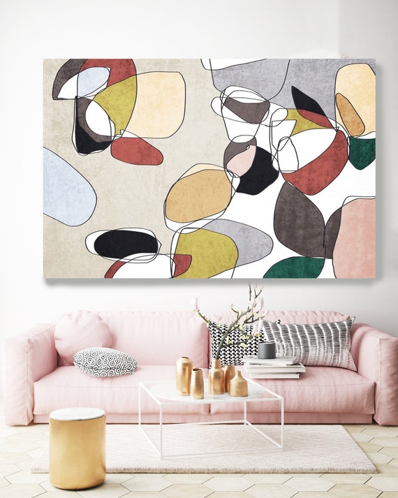 Abstract Bloom 4. Line Art Canvas Print, Yellow Grey  Pink Red Modern Minimalist Abstract Wall Art Canvas Print Textured Artwork