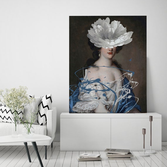 Touch of Modern, Portrait of Women Ferdinand Voet, Altered, Blue Splash, Canvas Art Print, Lady Floral Head Portrait, Baroque Wall Art