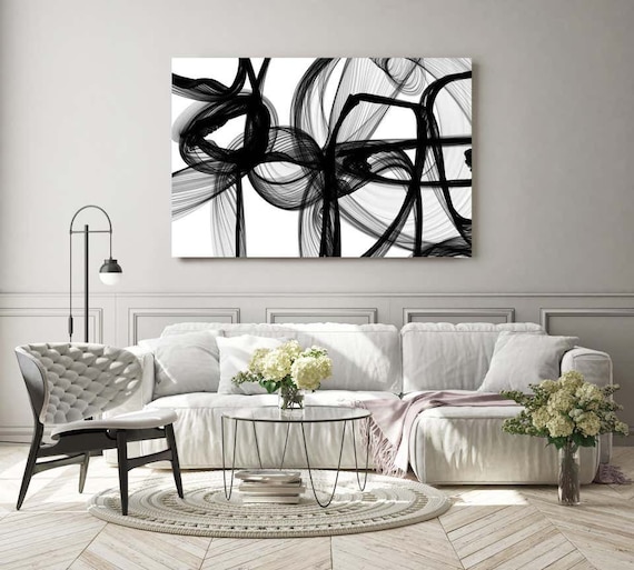 Black And White Painting, The Invisible World-Movement, New Media vs Painting. 40H x 60W", Original New Media Abstract on Canvas