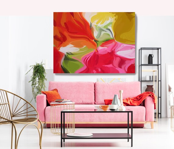 Abstract Wall Art, Red Pink Abstract Canvas Print, Flow Wall Art, Modern Abstract Art, Contemporary Art, Painting biased combination