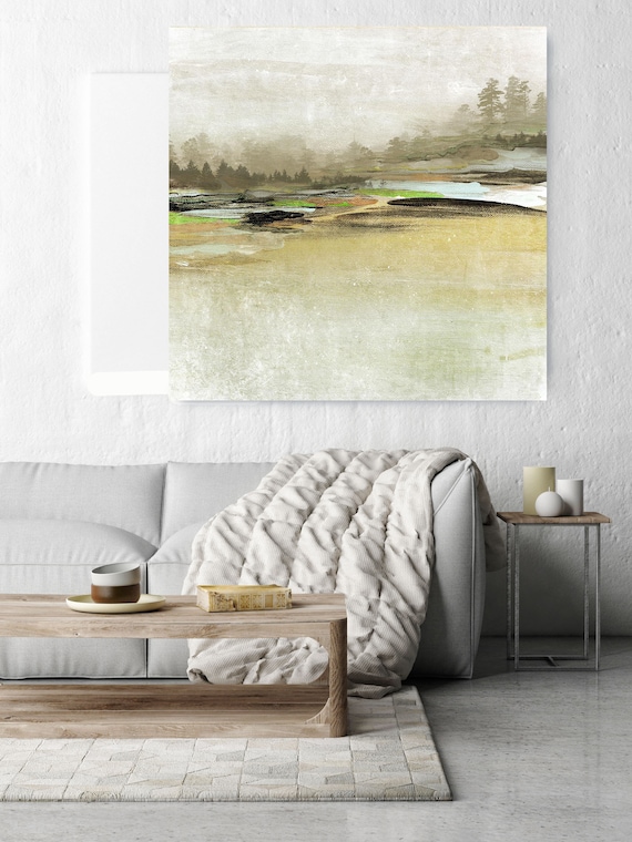 Distant Forest. Huge Rustic Landscape Painting Canvas Art Print, Extra Large Green Brown Blue Canvas Art Print up to 50" by Irena Orlov