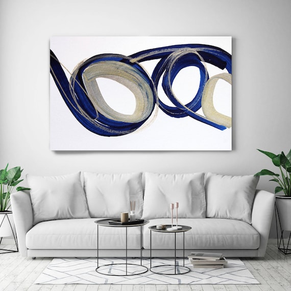 Deep Blue and Gold Circles 2. Abstract Paintings Art, Extra Large Abstract Blue Gold Contemporary Canvas Art Print up to 72" by Irena Orlov