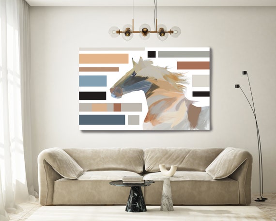 Tan Abstract Colorful Modern Horse Block Painting Art, Large canvas Art Print, Abstract Horse Painting Print, Horse Portrait Artwork