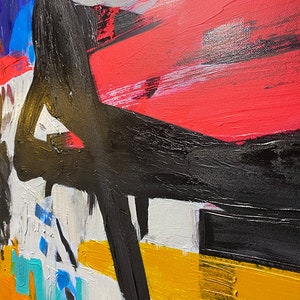 May include: Abstract painting with bold strokes of black, red, yellow, blue, and white paint. The painting has a textured surface and a modern style.