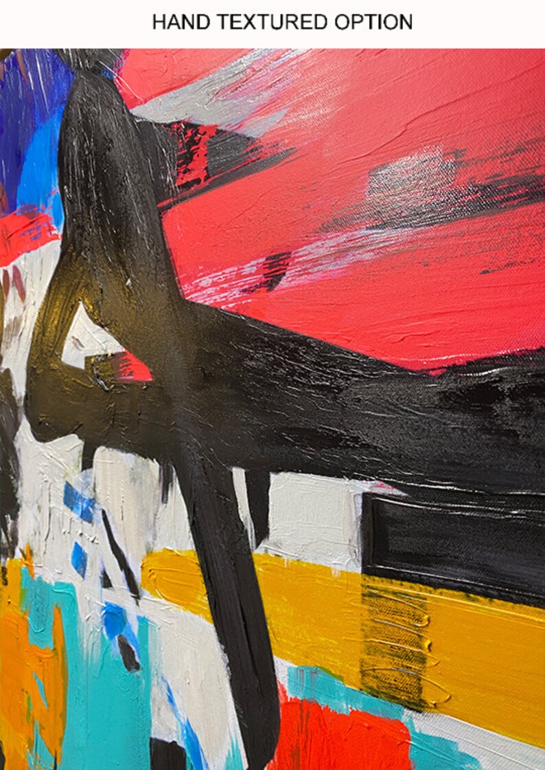 May include: Abstract painting with bold strokes of black, red, yellow, blue, and white paint. The painting has a textured surface and a modern style.