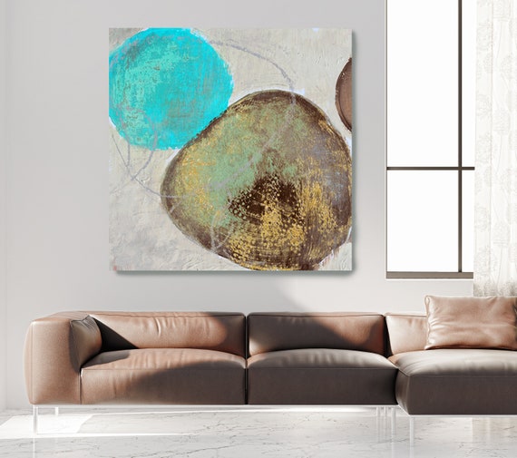 Aqua Brown Painting on Canvas, Abstract Circles Painting, Large Art Print On Canvas, OR189-A, Modern Wall Art Decor, Large Minimalist Art