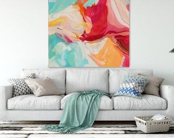 ORL-10970 Serenade, Red Aqua Yellow Abstract Painting, Pink Aqua Blur Canvas Art Print up to 48" by Irena Orlov