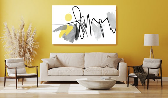 Yellow Black Line Watercolor Minimalist Abstract. Modern Yellow Canvas Art Print, Contemporary Canvas Art Yellow Abstract, Scandinavian Art