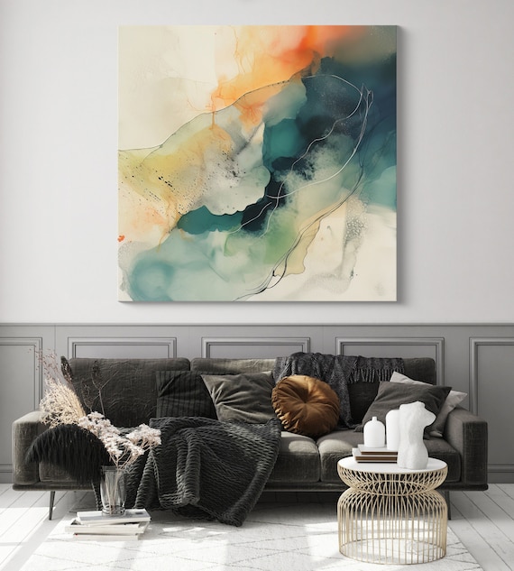 Green & Orange Fusion-1 Canvas Print | Minimalist Abstract Painting | Green Orange Abstract Art | Abstract  Art | Watercolor Canvas Print