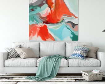 TURQUOISE Red Art Abstract Expressionist Contemporary, Only a Love 3, Huge Turquoise Red Abstract Canvas Art Print up to 50" by Irena Orlov