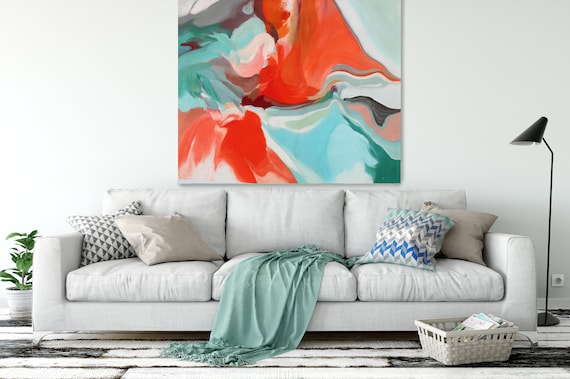 TURQUOISE Red Art Abstract Expressionist Contemporary, Only a Love 3, Huge Turquoise Red Abstract Canvas Art Print up to 50" by Irena Orlov