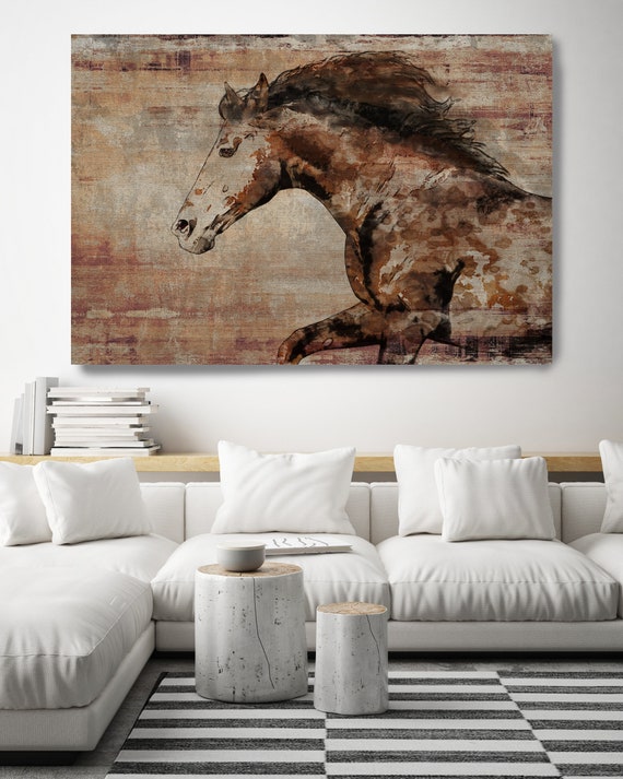 WILD HORSE RUNNING. Horse Art Large Canvas, Horse Art, Brown Rustic Horse, Rustic Vintage Horse Wall Art Print by Irena Orlov