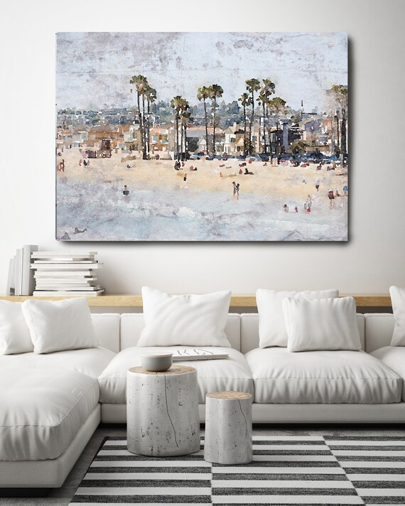 Newport Beach, Beach Decor, Seascape, People on the Beach, Coastal Wall Canvas Art, Grey Beige & White, Sea Canvas Print 80" by Irena Orlov