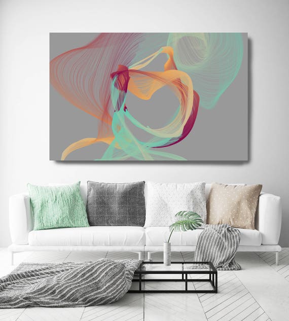 Color Breeze 67-2. Abstract New Media Art, Wall Decor, Extra Large Abstract Gray Teal Yellow Canvas Art Print up to 72" Irena Orlov