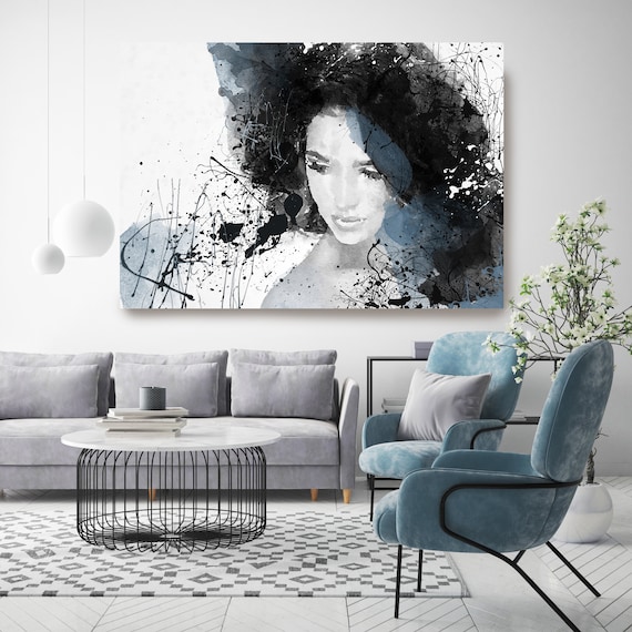 Pretty Women, Figurative painting, Woman watercolor painting print Woman Portrait Painting ABSTRACT FIGURATIVE Blue Black Woman Canvas Print