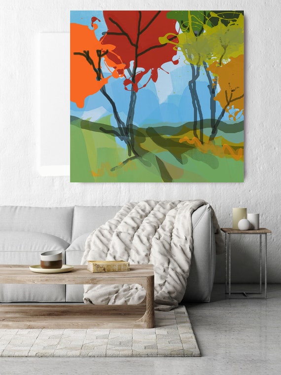 Abstract Forest. Huge Rustic Landscape Painting Canvas Art Print, Large Green Blue Red Orange Canvas Art Print up to 50" by Irena Orlov