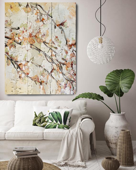 Blooming cherry 2. Floral Painting, Beige Abstract Art, Rustic Floral Painting, Rustic Textured Painting, Blooming Flowers Canvas Print