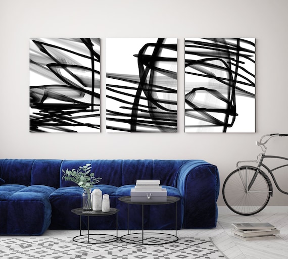 Black and White TRIPTYCH canvas prints -3 PANELS Stretched Canvas Wall Art, Canvas Art Print, Abstract Black and White Wall Decor