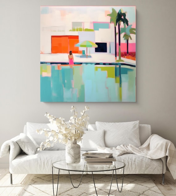 Abstract Coastal Canvas Print | Midcentury Modern Pool Art | Tropical Minimalist Wall Decor Abstract Coastal Art