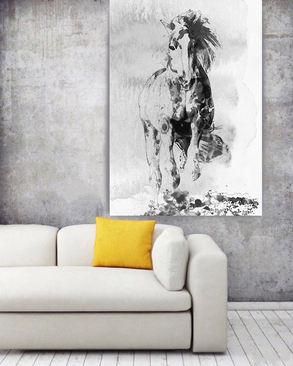 Wild Running Horse 3. Extra Large Horse Wall Decor, Black White Horse Painting, Large Contemporary Canvas Art Print up to 72" by Irena Orlov