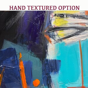 May include: Abstract painting with bold strokes of blue, teal, orange, yellow, white, and black paint. The painting has a textured surface.