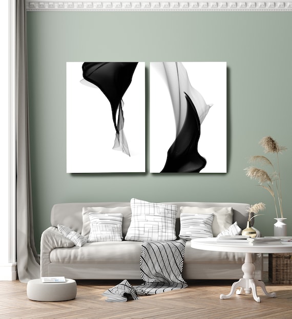 Minimalist Black and White,Black and White Diptych Stretched Canvas Wall Art Pair, Canvas Art Print, Abstract Black and White Wall Decor Art