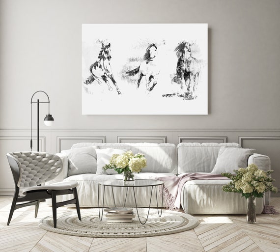 Running Horses. Extra Large Contemporary Horse Black and White Canvas Original Oil/Acrylic Art. Horse BW Original Art by Irena Orlov