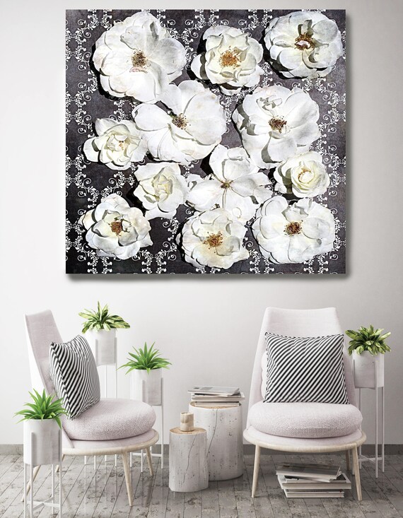 Shabby Chic Flowers 67. Rustic Floral Painting, Black White Black Rustic Large Floral Canvas Art Print up to 48" by Irena Orlov