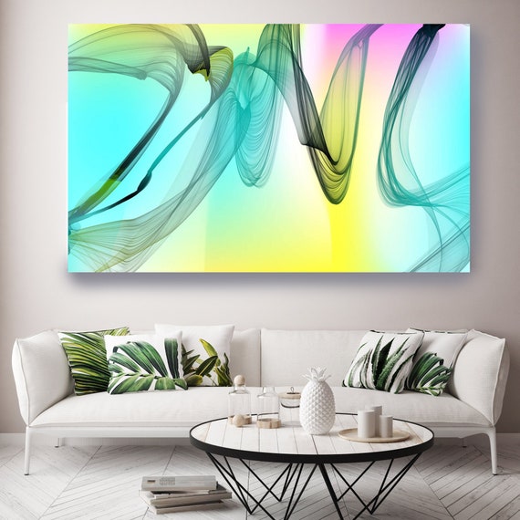 Aqua Yellow Abstract Painting Flow Abstract Art, Contemporary Canvas Art Print, New Media Artwork, Line Art, Modern Art, Office Art