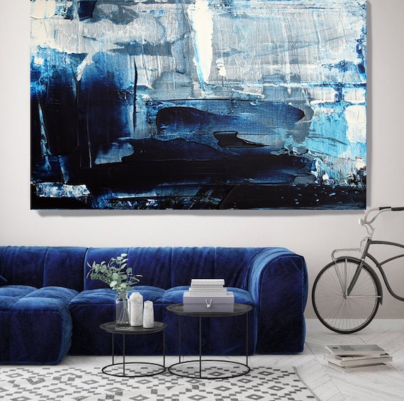 Mondrian Blue Abstract Art, Navy Blue Abstract Painting, Oversized Blue White Painting, Dark Blue Painting, Fine Art Canvas Print up to 80"