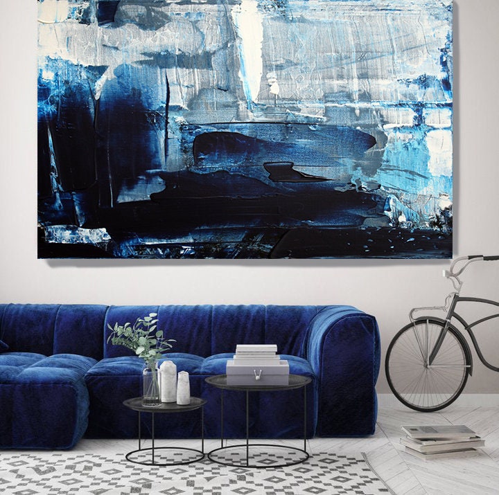 Mondrian Blue Abstract Art, Navy Blue Abstract Painting