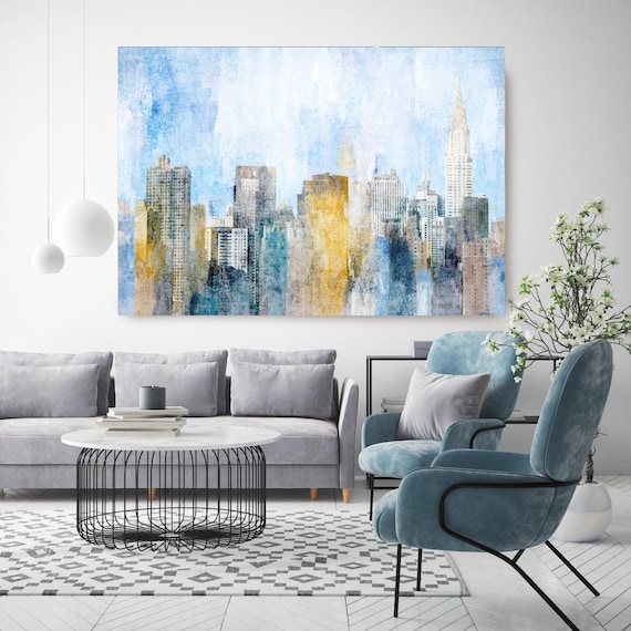 New York in Blue and Yellow, Cityscape Art, Urban Art, City Wall Art, Urban Wall Art,Large Painting City, Urban Canvas Art Print