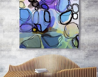 Lavendelblos. Paarse, groene abstracte kunst, wanddecoratie, grote abstracte kleurrijke hedendaagse canvaskunstdruk tot 48" door Irena Orlov