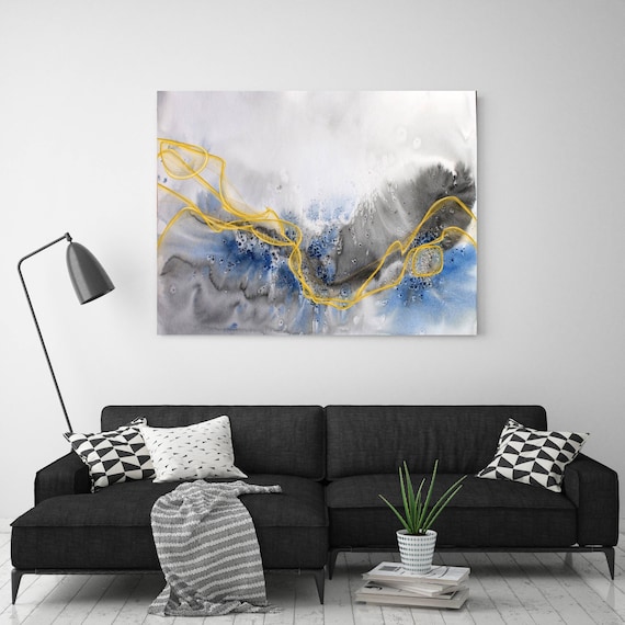 Coastal Watercolor Abstract 124. Watercolor Abstract Blue Black Gold Canvas Art Print, Watercolor Painting Print up to 72" by Irena Orlov