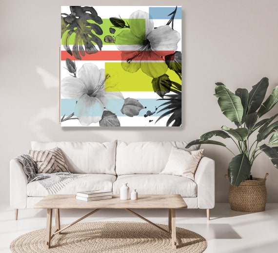 Floral Color Block 8. Blue Green Floral Painting, Modern Floral Canvas Art Print, Geometrical Floral Painting Canvas Art Print