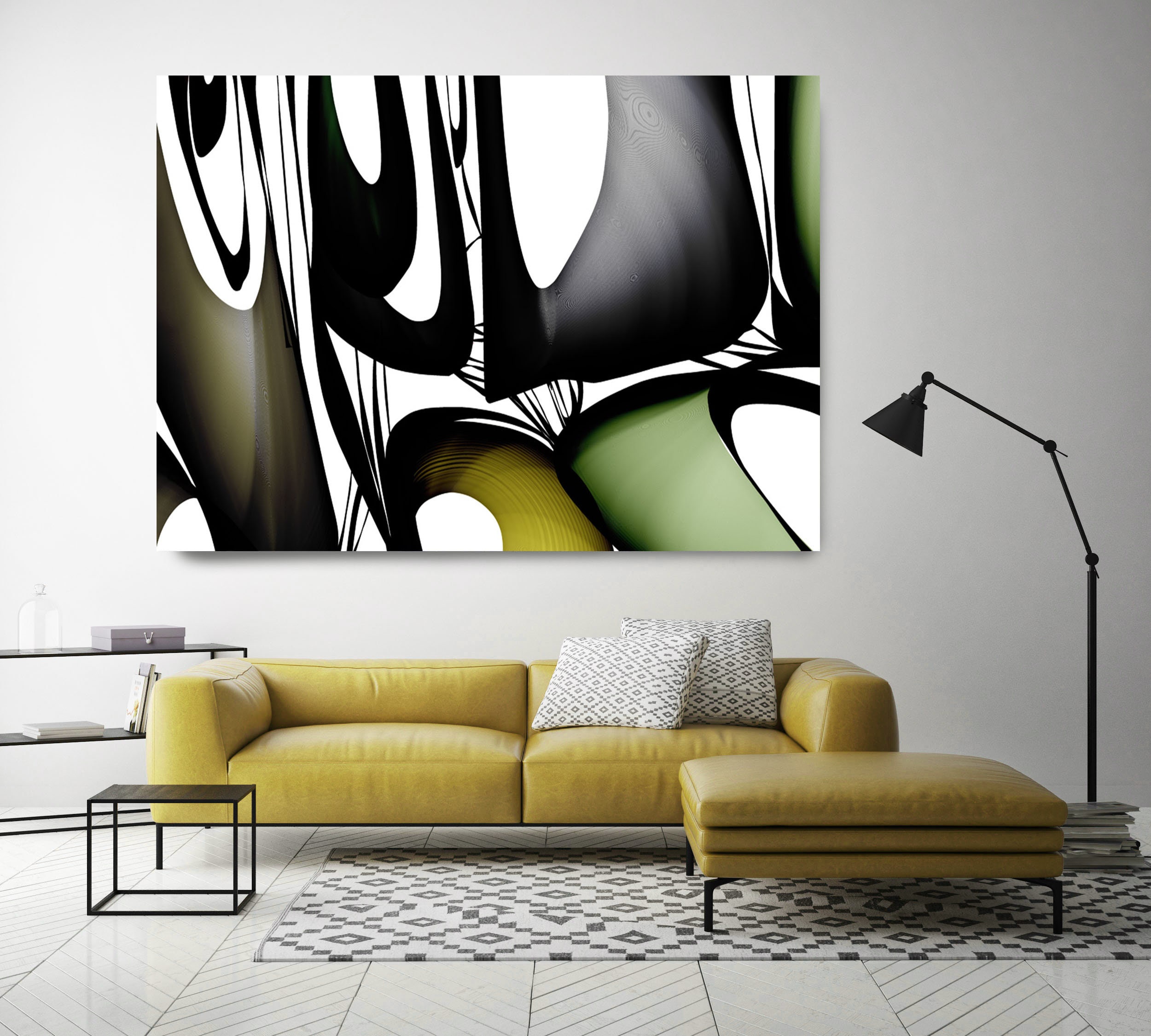 Mid Century Abstract 29-1. Mid-Century Modern Green Black Canvas Art