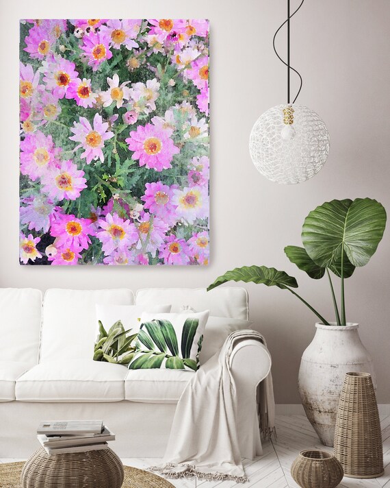 A garden in bloom Hot Pink Floral Watercolor Painting Print, watercolor painting, watercolor floral canvas print, shabby chic canvas print