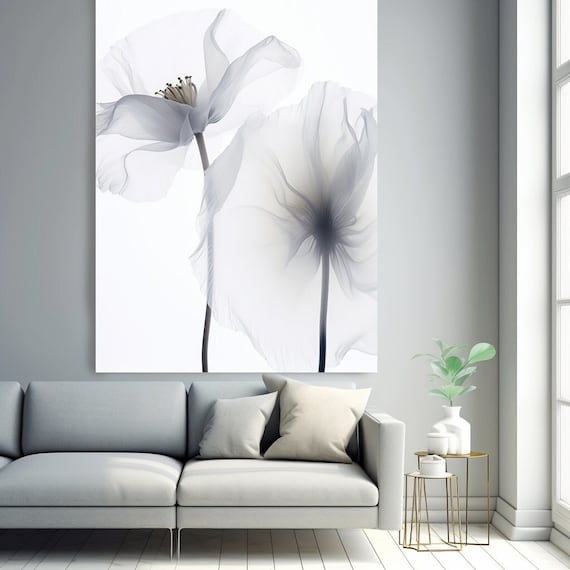X-ray image Translucent Floral Wall  White Floral Painting Modern, Translucent White Poppies Flowers 23, Flowers Painting Canvas Print